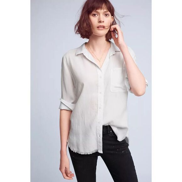 Cloth & Stone Women's Size M White Frayed Hem Button Down Tunic Shirt Boho - Picture 3 of 15